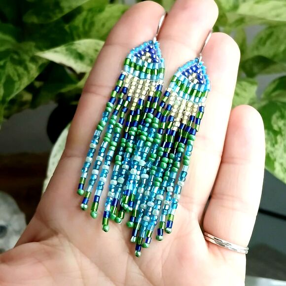 Boho Chic Beaded Fringe Dangle Earrings, Blue & Green, Seed Bead Jewelry, 3.5" - Picture 1 of 6